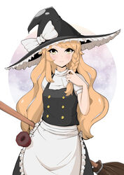  absurdres apron black_dress black_hat blonde_hair blush bow braid broom buttons closed_mouth cloud cloudy_sky commentary_request dress female frills gradient_sky hairbow hand_up hat hat_bow highres kirisame_marisa long_hair looking_at_viewer lykesya mini-hakkero pink_sky puffy_short_sleeves puffy_sleeves purple_sky shirt short_sleeves single_braid sky smile solo standing star_(sky) starry_sky touhou white_apron white_background white_bow white_shirt witch_hat yellow_eyes 