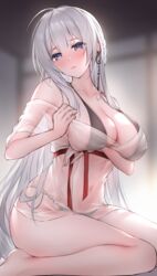  absurdres arm_under_breasts azur_lane bikini bikini_under_clothes black_bikini blue_eyes blunt_bangs blurry blurry_background blush braid breasts cleavage female hand_up highres large_breasts long_hair looking_at_viewer mainz_(azur_lane) mainz_(the_silkiest_brew)_(azur_lane) navel o-ring o-ring_bikini o-ring_bottom official_alternate_costume oyuwari red_sash sash see-through see-through_shirt shirt sideboob sitting solo stomach swimsuit thighs white_hair 