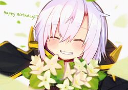  ^_^ ars_almal ars_almal_(1st_costume) bad_id bad_pixiv_id black_cape blush cape closed_eyes commentary facing_viewer female flower grin hair_between_eyes happy_birthday hood hood_down hooded_cape moti_yousei nijisanji petals smile solo upper_body virtual_youtuber white_flower white_hair 