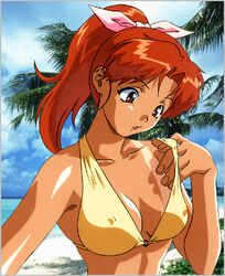  1990s_(style) beach bikini bikini_tan breasts covered_nipples day female halterneck high_ponytail kimoto_yukari long_hair looking_down lowres non-web_source official_art outdoors photo_background red_eyes red_hair retro_artstyle solo strap_pull swimsuit tan tanlines upper_body yamada_masaki zenkoku_seifuku_bishoujo_grand_prix 