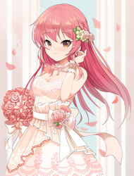  absurdres bead_necklace beads blush bow breasts brown_eyes cleavage commentary_request commission dress female floral_print flower hair_flower hair_ornament hand_up highres idolmaster idolmaster_cinderella_girls idolmaster_cinderella_girls_starlight_stage jewelry jougasaki_mika lace-trimmed_dress lace_trim long_hair medium_breasts necklace petals pink_dress pink_flower pink_rose pixiv_commission rose smile solo strapless strapless_dress striped striped_background sylph_kim white_bow wrist_cuffs yellow_flower 