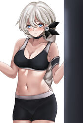  absurdres alternate_costume apc556_(girls&#039;_frontline) black_choker black_shorts black_sports_bra blonde_hair blue_eyes blush braid braided_ponytail breasts choker cleavage collarbone feet_out_of_frame female flower girls&#039;_frontline gym_uniform hair_flower hair_ornament hamilton_vgf highres long_hair looking_at_viewer medium_breasts navel open_mouth out_of_frame parted_lips shorts solo sports_bra sportswear standing stomach white_background 