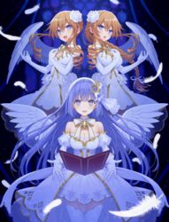  3girls absurdres angel_wings artist_request bare_shoulders bell blue_eyes blush breasts cleavage crescent crescent_hair_ornament date_a_live dress drill_hair fantasia_re:build feathered_wings feathers feet_out_of_frame flower gloves hair_between_eyes hair_flower hair_ornament highres izayoi_miku long_hair looking_at_viewer multiple_girls neck_bell official_art open_mouth orange_hair purple_eyes purple_hair ringlets siblings sidelocks sisters smile white_dress white_flower white_gloves white_wings wings yamai_kaguya yamai_yuzuru 