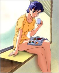  1990s_(style) bare_legs blue_hair crossed_legs cup day female holding holding_cup indoors looking_at_viewer lowres nishino_risa non-web_source official_art on_lap open_magazine retro_artstyle short_hair short_sleeves smile solo window windowsill yamada_masaki zenkoku_seifuku_bishoujo_grand_prix 