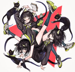  3girls animal_ears bandaid bandaid_on_face bandaid_on_nose black_cat black_dress black_hair blue_socks book cat_ears closed_mouth dress feline full_body green_eyes grey_background highres holding holding_book kaneni kneehighs long_sleeves looking_at_viewer multiple_girls neck_ribbon open_book open_mouth original puffy_long_sleeves puffy_sleeves ribbon shoes short_hair simple_background socks triangle wrist_cuffs 