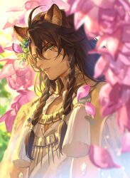  1boy animal_ear_fluff animal_ears blurry braid brown_hair dark-skinned_male dark_skin day depth_of_field eyelashes flower green_eyes hair_between_eyes hair_fruit highres jewelry leona_kingscholar lion_ears long_hair looking_at_viewer male_focus mashuu_(neko_no_oyashiro) necklace parted_lips pectoral_cleavage pectorals petals pink_flower side_braid smile solo spikes tassel twin_braids twisted_wonderland upper_body 