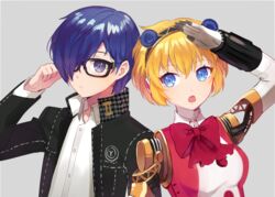  1boy adjusting_eyewear aegis_(persona) android black_headwear blazer blonde_hair blue_eyes blue_hair bow bowtie byoru closed_mouth collared_shirt cosplay female glasses grey_background hair_between_eyes hair_over_one_eye hand_on_eyewear highres jacket joints kuma_(persona_4) kuma_(persona_4)_(cosplay) long_sleeves looking_at_viewer narukami_yuu narukami_yuu_(cosplay) open_mouth persona persona_3 red_bow red_bowtie robot_joints salute school_uniform shirt short_hair sidelocks simple_background white_shirt yasogami_school_uniform yuuki_makoto_(persona_3) 