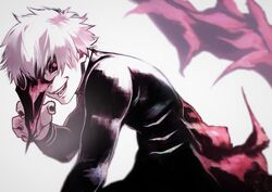  1boy black_bodysuit black_nails black_sclera bodysuit colored_sclera commentary grey_background grey_hair hand_up kagune_(tokyo_ghoul) kaneki_ken long_sleeves looking_at_viewer male_focus mask nail_polish red_eyes short_hair simple_background smile solo tokyo_ghoul yoshio_(55level) 