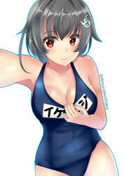  absurdres alternate_costume black_hair blue_one-piece_swimsuit breasts cleavage collarbone covered_navel female hair_between_eyes hair_flaps hair_ornament highres himura_moritaka jingei_(kancolle) kantai_collection large_breasts lips long_hair low_ponytail name_tag new_school_swimsuit one-piece_swimsuit red_eyes school_swimsuit selfie simple_background solo swimsuit twitter_username whale_hair_ornament white_background 