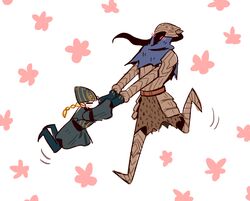  1boy armor artorias_the_abysswalker blonde_hair braid chibi dark_souls_(series) dark_souls_i essor0706 female full_armor height_difference helmet holding_hands lord&#039;s_blade_ciaran mask 