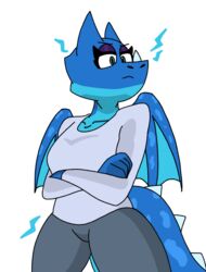  anthro blue_body blue_eyes breasts clash_royale clothed clothing crossed_arms digital_media_(artwork) dragon electro_dragon_(clash_royale) enderbendr female levina_(endrslendr) mythological_creature mythological_scalie mythology scalie simple_background solo supercell_(company) tail thick_thighs unimpressed wings 