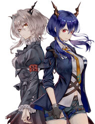  2girls absurdres arknights armband black_dress blue_hair blue_jacket breasts brown_eyes ch&#039;en_(arknights) commentary_request cowboy_shot dragon_horns dress frilled_sleeves frills grey_hair grey_shorts hair_between_eyes hair_intakes half-siblings highres horns jacket juliet_sleeves karashino long_hair long_sleeves looking_at_viewer low_twintails medium_breasts multiple_girls necktie open_clothes open_jacket puffy_sleeves red_eyes reunion_logo_(arknights) shirt short_hair shorts siblings simple_background sisters standing talulah_(arknights) twintails white_background white_shirt yellow_necktie 