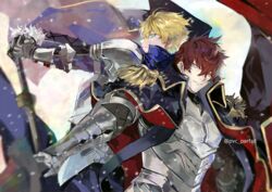  2boys armor arthur_pendragon_(fate) back-to-back black_cape blonde_hair blue_cape blue_eyes cape epaulettes excalibur_(fate/prototype) fate/prototype fate/prototype:_fragments_of_blue_and_silver fate_(series) gauntlets gloves hair_between_eyes hands_on_hilt holding holding_sword holding_weapon latin_commentary looking_at_viewer looking_back lucius_tiberius_(fate) male_focus messy_hair multiple_boys parted_lips popped_collar profile purple_eyes pvc_parfait red_hair short_hair smile snowing sword twitter_username upper_body weapon 