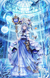  arch bare_shoulders blue_cape blue_dress blue_eyes blue_hair blue_ribbon blue_theme book bookshelf breasts cape closed_mouth commentary coral detached_sleeves dress female flower fountain frills full_body gem gloves hair_ribbon hairband halo hat hat_flower hat_ornament highres holding holding_book holding_staff immersed indoors layered_dress library long_hair looking_at_viewer mitsunari_miyako orb original plant railing ribbon sash seaweed small_breasts smile solo staff stairs standing water white_gloves 