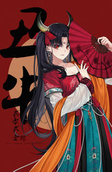  2021 artist_name black_hair breasts chinese_clothes chinese_commentary chinese_text chinese_zodiac commentary dress earrings facial_mark fate/grand_order fate_(series) female folding_fan forehead_mark hand_fan highres hoop_earrings horns ishtar_(fate) jewelry long_hair long_sleeves looking_at_viewer medium_breasts ox_girl ox_horns parted_bangs red_dress red_eyes smile solo translated two_side_up weibo_watermark yaoshi_jun year_of_the_ox 