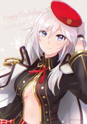  aiguillette alisa_ilinichina_amiella arm_behind_head arm_up beret black_jacket blue_eyes blush breasts closed_mouth coat coat_on_shoulders collared_jacket commentary_request cowboy_shot dated female gloves god_eater god_eater_3 grey_background hair_between_eyes happy_birthday hat jacket large_breasts long_hair long_sleeves looking_at_viewer navel neck_ribbon partially_unbuttoned plaid plaid_skirt red_hat red_ribbon red_skirt ribbon sidelocks simple_background skirt smile solo stomach torayama_(mps2nd) twitter_username underboob white_coat white_gloves white_hair 