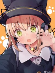  :o animal_ears animal_hat bad_id bad_pixiv_id behind-the-head_headphones bell black_choker black_hat black_jacket blush choker claw_pose collared_shirt commentary drawn_ears drawn_whiskers dress_shirt fake_animal_ears female girls&#039;_frontline green_eyes hair_between_eyes hand_up hat headphones jacket light_brown_hair long_hair long_sleeves looking_at_viewer neck_bell open_mouth orange_background shirt solo tmp_(black_cat_nursery)_(girls&#039;_frontline) tmp_(girls&#039;_frontline) tsuka twitter_username upper_body white_shirt 