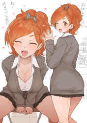  ;d absurdres aqua_nails ass breasts character_request classroom cleavage collarbone commentary_request copyright_request earrings female from_behind heart highres jewelry large_breasts leaning_forward multiple_views one_eye_closed orange_hair sleeves_past_wrists smile stud_earrings terasu_mc translated wavy_hair 