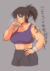  akutsu_(demodori) black_hair collarbone female girls_und_panzer girls_und_panzer_saishuushou long_hair looking_at_viewer midriff murakami_(girls_und_panzer) muscular muscular_female navel ponytail shorts skull_and_crossbones solo sports_bra sweat tattoo toned translated 