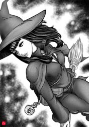  absurdres berserk breasts broom broom_riding chris_re5 cleavage cleavage_cutout clothing_cutout collarbone dress female greyscale hat highres jewelry long_hair long_sleeves looking_to_the_side monochrome morda necklace parted_lips pouch riding sitting solo staff witch witch_hat 