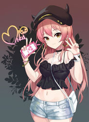  absurdres bare_shoulders between_breasts black_choker black_hat blush bracelet breasts cellphone character_name choker cleavage closed_mouth collarbone commentary_request cowboy_shot crop_top earrings female hands_up hat heart highres holding holding_phone hoop_earrings idolmaster idolmaster_cinderella_girls idolmaster_cinderella_girls_starlight_stage jewelry jougasaki_mika korean_commentary large_breasts long_hair looking_at_viewer midriff navel off_shoulder phone pink_hair short_shorts shorts smartphone smile solo stomach strap_between_breasts sylph_kim v w white_bag 