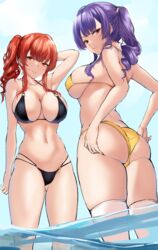  2girls absurdres agetama ass azur_lane bikini black_bikini breasts cleavage from_behind highres large_breasts multiple_girls navel official_alternate_costume pola_(azur_lane) pola_(seaside_coincidence)_(azur_lane) purple_hair red_hair sideboob swimsuit thick_thighs thighhighs thighs twintails wading water white_thighhighs yellow_bikini zara_(azur_lane) zara_(poolside_coincidence)_(azur_lane) 