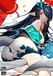  arknights artist_name ass bare_shoulders between_legs black_hair blush breasts candle character_name chinese_commentary closed_mouth commentary_request dragon_girl dragon_horns dragon_tail dress dusk_(arknights) earrings feet_out_of_frame female fireworks from_behind han-0v0 horns jewelry long_hair looking_at_viewer looking_back lying medium_breasts off_shoulder on_side red_eyes short_dress solo star_(symbol) tail tail_between_legs tassel tassel_earrings very_long_hair watermark web_address white_background white_dress 