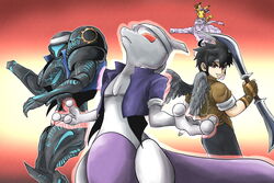  2boys 3others assault_visor baseball_cap black_hair clothed_pokemon cosplay dark_pit dark_samus ditto fatal_fury fatal_fury_cap fingerless_gloves gloves hat headband highres kicdon kid_icarus kid_icarus_uprising kusanagi_kyou kusanagi_kyou_(cosplay) looking_back metroid mewtwo multiple_boys multiple_others pikachu pokemon pokemon_(creature) red_background red_eyes super_smash_bros. sylvie_paula_paula sylvie_paula_paula_(cosplay) terry_bogard the_king_of_fighters trait_connection wings 