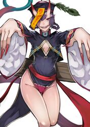  :d absurdres braid commentary eyeliner fangs fate/grand_order fate_(series) female fingernails flat_chest groin hat highres horns jiangshi long_hair looking_at_viewer makeup oni open_mouth outstretched_arms pointy_ears purple_eyes purple_hair qingdai_guanmao sharp_fingernails shuten_douji_(fate) shuten_douji_(festival_outfit)_(fate) simple_background skin-covered_horns smile solo talisman teeth very_long_fingernails white_background yoshio_(55level) 