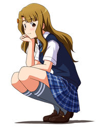  arm_on_thigh blue_necktie blue_skirt blue_vest brown_eyes brown_footwear brown_hair checkered_clothes checkered_skirt commentary_request female grey_socks hand_on_own_chin idolmaster idolmaster_million_live! idolmaster_million_live!_theater_days kneehighs lielos light_blush long_hair looking_at_viewer miyao_miya necktie school_uniform shirt shoes short_sleeves sideways_glance skirt smile socks solo squatting summer_uniform_series_(idolmaster) thick_eyebrows vest white_background white_shirt wing_collar 