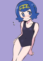  absurdres bare_arms black_one-piece_swimsuit blue_eyes blue_hair blush bright_pupils closed_mouth collarbone commentary covered_navel female flying_sweatdrops hairband hand_on_own_hip head_tilt highres lana_(pokemon) looking_to_the_side nervous new_school_swimsuit no_sclera one-piece_swimsuit pokemon pokemon_sm purple_background raised_eyebrows school_swimsuit short_hair simple_background solo split_mouth swimsuit tankobukids yellow_hairband 