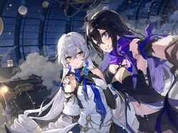  2girls absurdres ahoge astral_express_(honkai:_star_rail) bare_shoulders black_hair black_nails black_shorts blue_eyes blue_scarf breasts bronya_rand brown_eyes cleavage closed_mouth commentary_request drill_hair earrings grey_hair hand_on_another&#039;s_shoulder hand_on_own_chest highres honkai:_star_rail honkai_(series) indoors jewelry large_breasts long_hair looking_at_another looking_at_viewer medium_breasts midriff multiple_girls nail_polish navel night night_sky open_fly parted_lips scarf seele_(honkai:_star_rail) selfie short_shorts shorts sky smile smoke standing taking_picture train train_station ttosom unbuttoned upper_body 