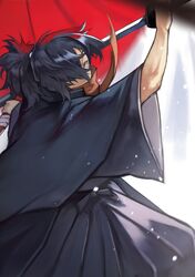  1boy absurdres arm_up black_hair blurry blurry_background fate/grand_order fate_(series) from_side hair_over_one_eye highres holding holding_sword holding_weapon katana long_sleeves looking_at_viewer male_focus okada_izou_(fate) ponytail red_eyes solo sword weapon wide_sleeves yoshio_(55level) 