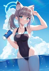  animal_ear_fluff animal_ears arm_up bare_arms bare_shoulders black_one-piece_swimsuit blue_archive blue_eyes blue_sky blush bottle breasts chobi_(penguin_paradise) cleavage cloud collarbone commentary_request covered_navel day earrings extra_ears female grey_hair groin halo highres holding holding_bottle jewelry looking_at_viewer medium_breasts official_alternate_costume one-piece_swimsuit outdoors parted_lips shiroko_(blue_archive) shiroko_(swimsuit)_(blue_archive) sky solo stud_earrings swimsuit water_bottle wet wolf_ears 