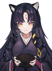  absurdres animal_ears arknights bangs black_hair black_kimono bowl chinese_commentary commentary_request dog_ears eyebrows_visible_through_hair facial_mark fanshu female forehead_mark highres holding holding_bowl japanese_clothes kimono long_hair long_sleeves looking_at_viewer saga_(arknights) simple_background solo upper_body white_background yellow_eyes 