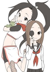  2girls absurdres black_hair black_sailor_collar black_shorts black_skirt brown_eyes brown_hair closed_mouth commentary_request creator_connection crossover forehead grin highres holding karakai_jouzu_no_takagi-san kuji-in kunoichi_tsubaki_no_mune_no_uchi long_hair looking_at_viewer looking_back multiple_girls neckerchief occluder official_art parted_bangs pleated_skirt ponytail red_neckerchief sailor_collar school_uniform serafuku short_shorts shorts simple_background skirt smile takagi-san tsubaki_(kunoichi_tsubaki_no_mune_no_uchi) very_long_hair white_background yamamoto_souichirou 