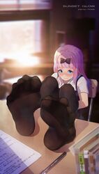  3: absurdres black_bow black_pantyhose blue_eyes blunt_bangs blurry blurry_background blurry_foreground blush book bow chair closed_mouth commentary_request depth_of_field english_text feet feet_on_table female fine_fabric_emphasis foreshortening fujiwara_chika hairbow highres icecake indoors kaguya-sama_wa_kokurasetai_~tensai-tachi_no_renai_zunousen~ long_hair looking_at_viewer no_shoes pantyhose paper pen photoshop_(medium) pink_hair school_chair school_uniform short_sleeves shuuchiin_academy_school_uniform sitting soles solo spread_toes toe_seam toes 