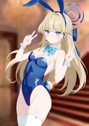  absurdres animal_ears aqua_bow aqua_bowtie blonde_hair blue_archive blue_bow blue_bowtie blue_eyes blue_halo blue_leotard blue_ribbon blurry blurry_background bow bowtie braid breasts cleavage cowboy_shot crown_braid curio_(curiofinity) detached_collar double_v fake_animal_ears female hair_ribbon halo highleg highleg_leotard highres leotard long_hair medium_breasts multicolored_hair official_alternate_costume playboy_bunny rabbit_ears rabbit_tail ribbon solo stairs strapless strapless_leotard streaked_hair tail thighhighs toki_(blue_archive) toki_(bunny)_(blue_archive) v white_thighhighs 