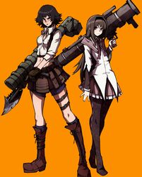  2girls absurdres akemi_homura akemi_homura_(magical_girl) black_hair black_shorts blue_eyes boots crossover devil_may_cry_(series) devil_may_cry_3 hairband heterochromia highres holding holding_weapon kekel lady_(devil_may_cry) long_hair long_sleeves looking_at_viewer mahou_shoujo_madoka_magica mahou_shoujo_madoka_magica_(anime) multiple_girls navel neck_ribbon orange_background pantyhose purple_eyes red_eyes ribbon rocket_launcher serious shoes short_hair shorts simple_background skirt standing trait_connection weapon 