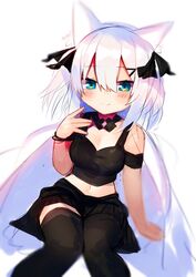  alternate_costume animal_ears ars_almal ars_almal_(2nd_costume) bad_id bad_pixiv_id bangle bare_shoulders black_ribbon black_skirt black_thighhighs blue_eyes blush bracelet breasts cape cleavage closed_mouth commentary crop_top feet_out_of_frame female hair_ornament hair_ribbon hairclip hand_up jewelry knees_together_feet_apart medium_breasts midriff moti_yousei navel nijisanji pleated_skirt ribbon simple_background skirt smile solo thighhighs virtual_youtuber white_background white_cape white_hair 