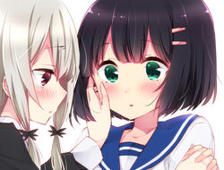  2girls amano_akari black_dress black_hair blue_sailor_collar blush collared_dress commentary_request dress eye_contact green_eyes grey_hair hair_ornament hair_ribbon hairclip hand_on_another&#039;s_cheek hand_on_another&#039;s_face holding_hands long_hair looking_at_another multiple_girls red_eyes ribbon sailor_collar school_uniform serafuku shirt short_hair simple_background sk02 sophie_twilight tonari_no_kyuuketsuki-san tress_ribbon white_background white_shirt yuri 