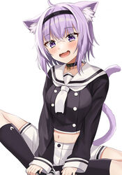  :3 :d absurdres ahoge animal_collar animal_ear_fluff animal_ears bad_id bad_pixiv_id black_collar black_shirt blush breasts cat_ears cat_girl cat_tail collar commentary_request female hair_between_eyes highres hololive indian_style kneehighs knees_apart_feet_together long_sleeves looking_at_viewer medium_breasts midriff moonbell navel necktie nekomata_okayu nekomata_okayu_(casual) oerba_yun_fang official_alternate_costume open_mouth purple_eyes purple_hair sailor_collar shirt short_hair short_sleeves shorts simple_background sitting sleeves_past_wrists smile socks solo spread_legs tail tail_raised virtual_youtuber white_background white_necktie white_sailor_collar white_shorts 