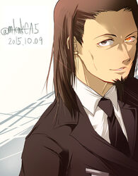  1boy bad_id bad_pixiv_id black_necktie brown_eyes collared_shirt dated formal glowing glowing_eye heterochromia hoshino_(pixiv12796893) ishigami_kunio kurogane_no_linebarrel light_smile long_hair looking_at_viewer looking_up male_focus necktie orange_eyes parted_lips shirt solo suit white_shirt 