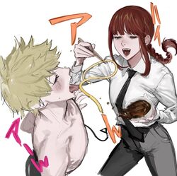  1boy black_necktie black_pants blonde_hair blush bowl braid braided_ponytail chainsaw_man chopsticks closed_eyes collared_shirt denji_(chainsaw_man) feeding female food highres holding holding_chopsticks kamo_(kamonegioisi) long_sleeves makima_(chainsaw_man) necktie noodles open_mouth pants pull_cord red_hair sharp_teeth shirt simple_background single_braid soup teeth tongue tongue_out topless_male white_background white_shirt 