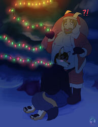  2020 4_toes anthro artist_logo asgore_dreemurr beard black_clothing black_nose blonde_hair blue_bottomwear blue_clothing blue_jeans blue_pants boots bottomwear bovid canid canine caprine christmas christmas_clothing christmas_headwear christmas_lights christmas_tree claws closed_eyes clothing costume culpeo_fox dark denim denim_bottomwear denim_clothing digital_media_(artwork) duo english_text exclamation_point eyebrows facial_hair feet footwear fox fur gloves goat hair handwear hat head_on_belly headgear headwear hi_res holding_sack holidays horn jeans ken_(devilbrigade6) kneeling lights logo long_ears looking_at_another male mammal mittens night nipples open_mouth orange_body orange_fur pants pawpads plant question_mark red_clothing sack santa_costume santa_hat slightly_chubby snout snow south_american_fox standing text toe_claws toes tree undertale_(series) wannabe_pendragon white_body white_fur 