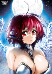  ahoge angel_wings bare_shoulders black_hair breasts chains cleavage closed_mouth commentary english_commentary feathered_wings female gradient_hair hair_between_eyes highres ikaros large_breasts looking_at_viewer moon multicolored_hair paid_reward_available red_eyes red_hair robot_ears short_hair signature solo sora_no_otoshimono the_golden_smurf two-tone_hair wings 