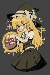  apron basket blonde_hair blush_stickers bow braid buttons dress female hairbow hat hat_bow holding holding_basket kirisame_marisa long_hair mushroom open_mouth puffy_sleeves rbfnrbf_(mandarin) short_sleeves single_braid solo symbol-shaped_pupils touhou waist_apron white_bow witch_hat yellow_eyes 