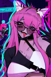  absurdres ace_glitch alternate_costume animal_ear_fluff animal_ears arm_up barcode barcode_tattoo black_gloves breasts collarbone crop_top cyberpunk elbow_gloves facial_mark facial_tattoo female girls&#039;_frontline gloves grin highres large_breasts long_hair looking_at_viewer looking_over_eyewear neon_lights open_mouth persica_(girls&#039;_frontline) pink_eyes pink_hair shirt smile solo sunglasses tattoo teeth tinted_eyewear tongue tongue_out upper_body white_shirt yandere 