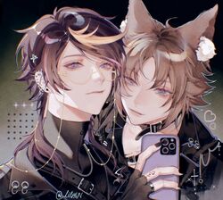  2boys animal_ear_fluff animal_ears black_collar black_hair blonde_hair blue_eyes brown_hair buckle chain_necklace chains collar collared_jacket dog_boy dog_ears ear_piercing earrings fingerless_gloves fingernails glasses gloves highres holding holding_phone idol jacket jewelry kemonomimi_mode leaning_forward leather leather_jacket lili_(_lilithn) looking_at_viewer male_focus multicolored_hair multiple_boys mysta_rias nail_polish necklace nijisanji nijisanji_en phone piercing pink_hair ponytail purple_eyes ring sharp_fingernails short_hair shu_yamino signature streaked_hair symbol-shaped_pupils turtleneck virtual_youtuber 