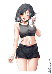  alternate_costume black_hair black_shorts black_tank_top blush breasts collarbone cowboy_shot cropped_legs ebifurya female grey_sports_bra hair_ornament hairclip highres holding holding_towel kantai_collection kuroshio_(kancolle) kuroshio_kai_ni_(kancolle) large_breasts looking_at_viewer navel one-hour_drawing_challenge one_eye_closed open_mouth short_hair shorts simple_background sleeveless smile solo sports_bra sportswear stomach sweat sweatdrop tank_top towel twitter_username vest white_background wiping_sweat yellow_eyes 